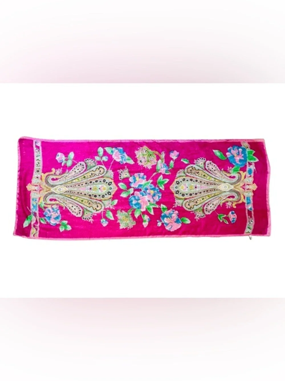 Leonard Paris 100% Silk Oversized Oblong Scarf Shawl 27”x70” Pink Floral Paisley